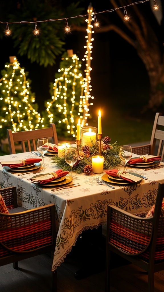 Outdoor Christmas table decorated with festive tablecloth, greenery, lights, and candles.